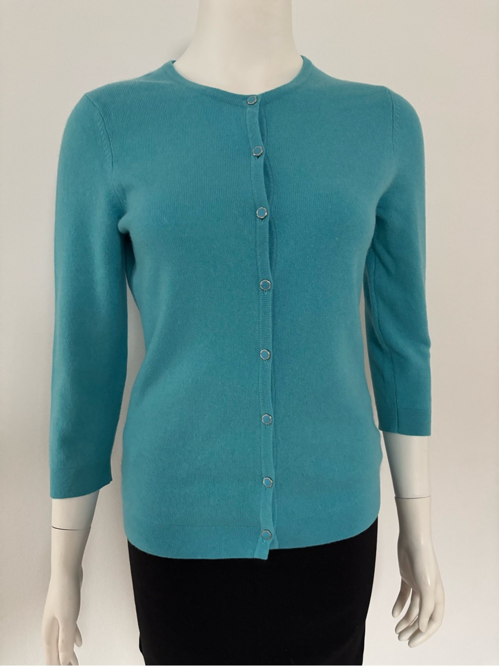Women’s Cashmere Teal Button-Front Crewneck Cardigan Sweater
